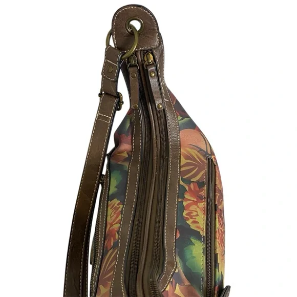 BOC Floral Shoulder Bag Brown Trim Hobo Purse Multi Pocket - Picture 6 of 9